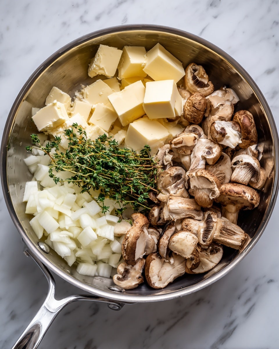 A stainless steel pan on a white marbled surface holds several ingredients arranged separately. On the left side of the pan, there are small cubes of white onions and two chunks of pale yellow butter. Toward the top right side, there are many sliced brown mushrooms with light cream interiors. In the center, there is a small pile of fresh green herbs, likely thyme. The pan's metal handle extends to the left. The setup looks fresh and ready for cooking. photo taken with an iphone --ar 4:5 --v 7