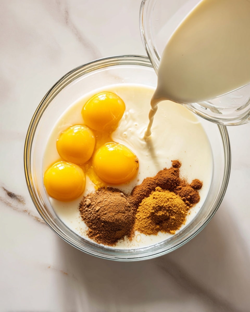 A clear glass bowl sits on a white marbled surface, filled with several bright yellow egg yolks grouped together on the left side. Around the yolks, there is a creamy white liquid covering most of the bowl, with two piles of brown spices placed near the middle right. A clear container is tipping in from the lower left corner, pouring more creamy white liquid into the bowl. The overall scene shows the ingredients ready to be mixed. Photo taken with an iphone --ar 4:5 --v 7