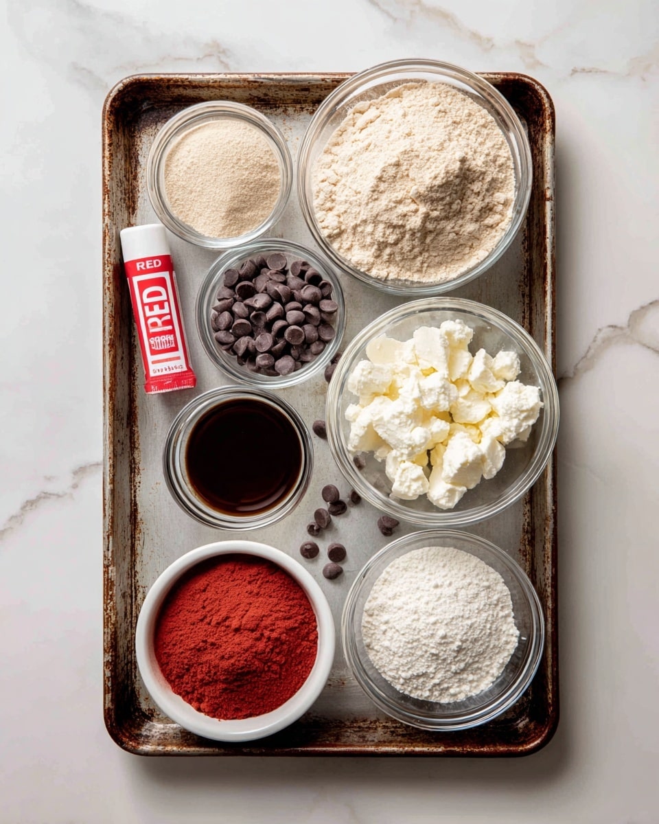 The image shows a rusty metal baking tray with seven containers holding different ingredients, arranged neatly on a white marbled surface. Starting from the top right corner, there is a large clear glass bowl filled with light beige powder, below it a smaller clear glass bowl with a slightly darker beige powder, and to the right of that, a small clear glass bowl with fine white powder. Below these, in the center bottom right, is a medium clear glass bowl filled with white cottage cheese-like curds. To the left of this bowl is a small clear glass bowl with dark brown liquid. On the bottom left corner, there is a white bowl filled with bright red powder. Above this bowl, a small white bowl is filled with dark chocolate chips. Near the center top, there is a small red and white tube labeled