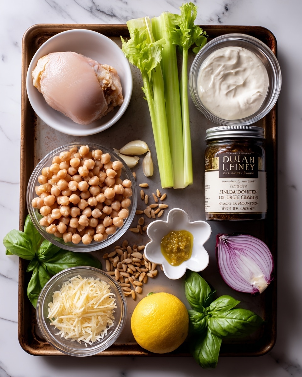 The image shows a brown baking tray on a white marbled surface holding various fresh ingredients arranged neatly. From top left, there is a white bowl with a smooth, pale pink raw chicken piece, next to it on the top right is a clear glass bowl filled with thick white cream. In the center top, a long green celery stalk sits vertically. Below the chicken bowl, there is a large clear bowl full of round beige chickpeas. To the right of the celery, a half purple onion rests next to a small white flower-shaped dish with a dollop of yellow mustard. Near the bottom, a small white bowl contains light brown pine nuts, while below that to the left is a white bowl filled with pale yellow shaved Parmesan cheese. A whole bright yellow lemon lies next to dark green fresh basil leaves on the bottom right corner. Lastly, there is a dark jar labeled