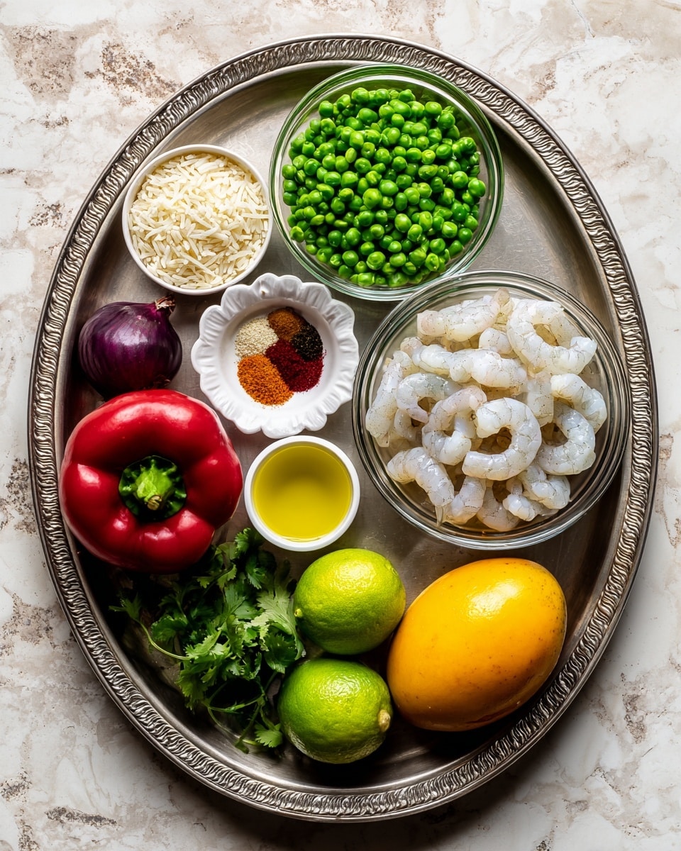 A top view of a metal tray with bowls and fresh ingredients arranged neatly on a white marbled surface. On the right side, a large clear glass bowl contains raw white shrimp with a slightly translucent texture. Above it, another clear glass bowl is filled with bright green frozen peas. Near the center, a small scalloped white dish holds a mix of colorful spices including red, brown, and white powders. A small white bowl next to it contains light yellow oil. Below, half a light green lime is placed beside a small white bowl filled with fresh green cilantro leaves. On the bottom left corner of the tray, there is a whole red bell pepper with a shiny texture, a dark purple-red onion with glossy skin, a smooth dark green avocado, and a ripe mango with a blend of yellow, orange, and red hues. A small white bowl of uncooked light beige rice is between the peas and mango. The photo taken with an iphone --ar 4:5 --v 7