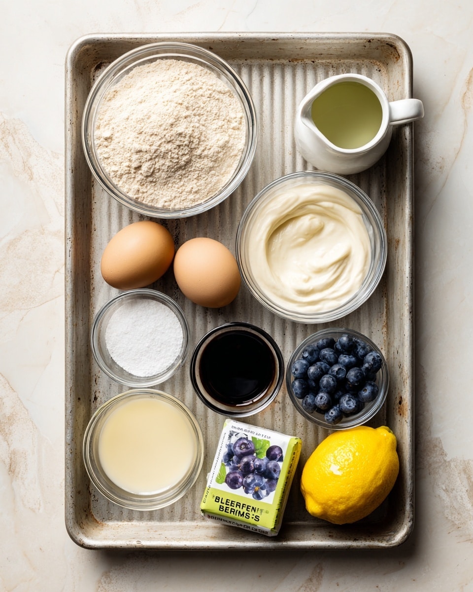 A worn metal baking tray with ridges holds various baking ingredients arranged neatly. At the top left, a clear glass bowl filled with light beige flour sits next to a smaller glass bowl of fine pale powder. Nearby, a small white ceramic jug holds a light greenish liquid. Two brown eggs rest side by side near the center on the tray. Below, a larger clear glass bowl contains thick white cream with a soft texture. A small glass bowl sits near the bottom, filled with fine white granulated sugar. Next to it is a small splash of dark brown vanilla extract in a clear container. To the right, a bright yellow lemon and a white package of organic wild blueberries with purple-blue berries illustrated on the front rest on the tray. The tray rests on a surface with white marbled texture. Photo taken with an iphone --ar 4:5 --v 7