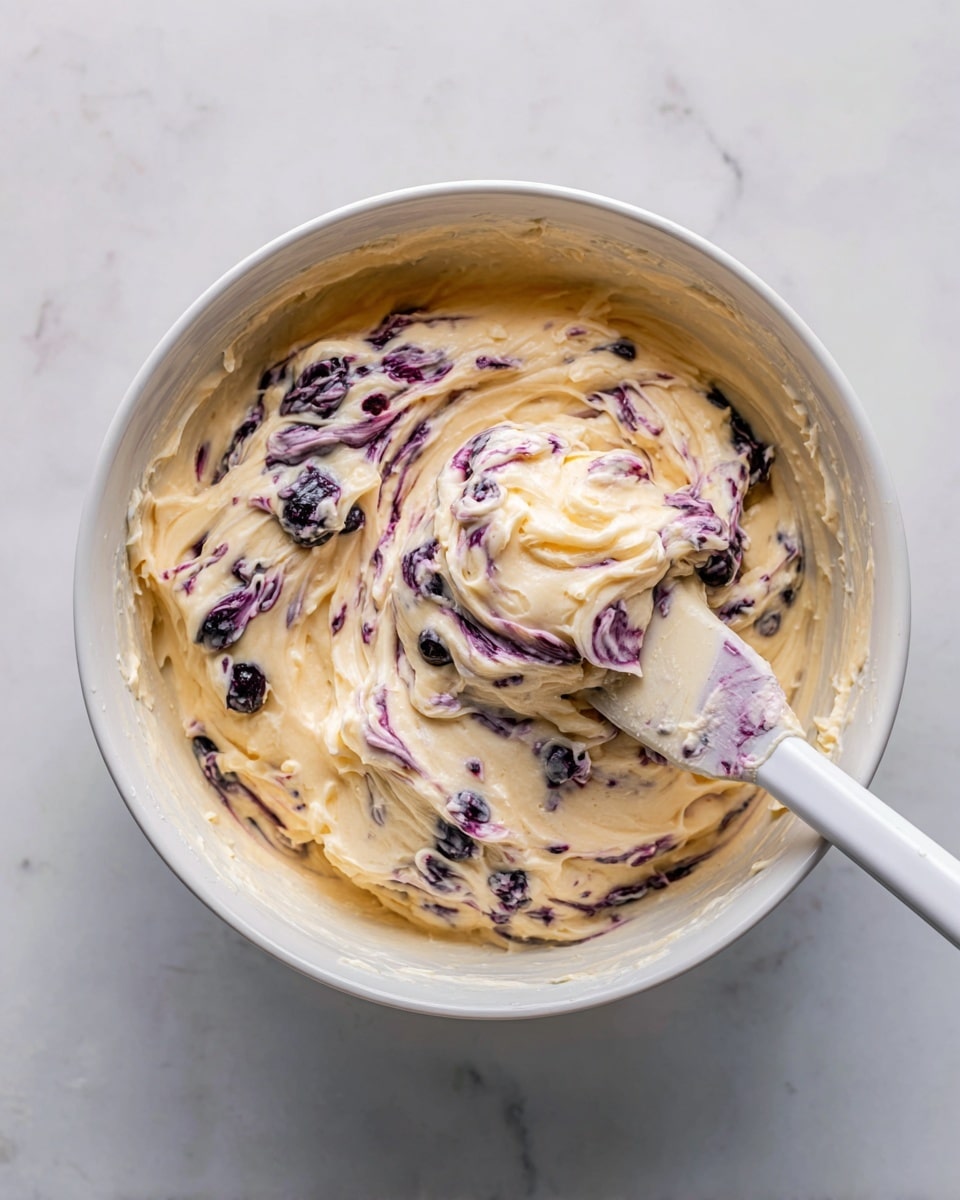 The image shows a thick, creamy batter mixed in a white ceramic bowl. The batter is pale yellow with visible dark purple swirls and scattered dark spots, likely from berries or fruit. The texture looks dense and slightly lumpy, with the purple elements creating a marbled effect throughout. A white spatula is partially visible, scooping through the mixture, highlighting the smooth yet chunky consistency. The bowl sits on a white marbled surface. photo taken with an iphone --ar 4:5 --v 7