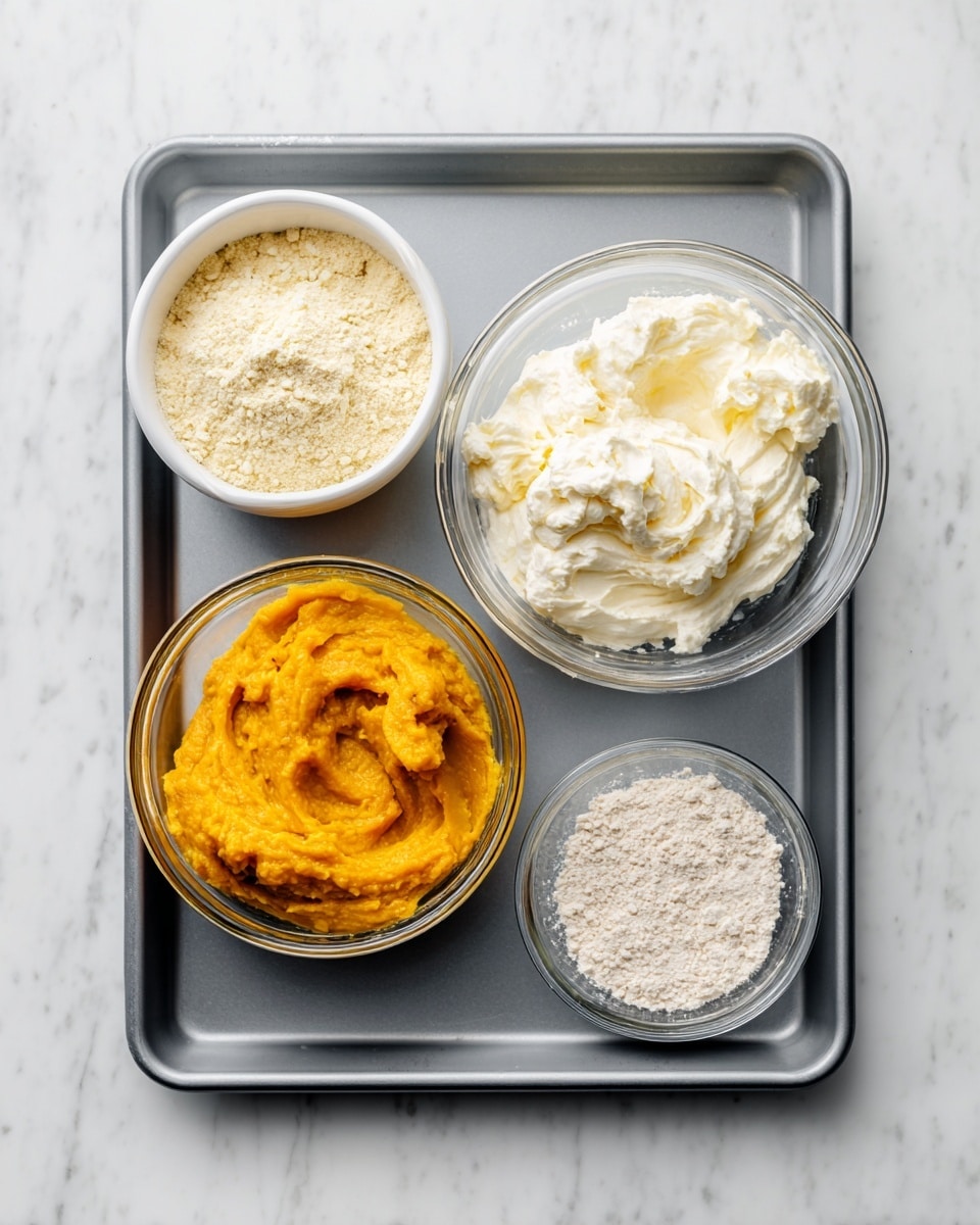 The image shows four small bowls arranged on a gray baking tray; the tray is placed on a white marbled surface. The top left bowl is white and filled with fine, pale yellow flour. The top right bowl is clear glass and holds a thick, creamy white substance with fluffy peaks. The bottom left bowl is clear glass and contains bright orange pumpkin puree with a smooth texture and visible swirls. The bottom right bowl is small, clear glass filled with a mix of white and light beige powders. The setup looks neat and ready for baking or cooking. Photo taken with an iphone --ar 4:5 --v 7