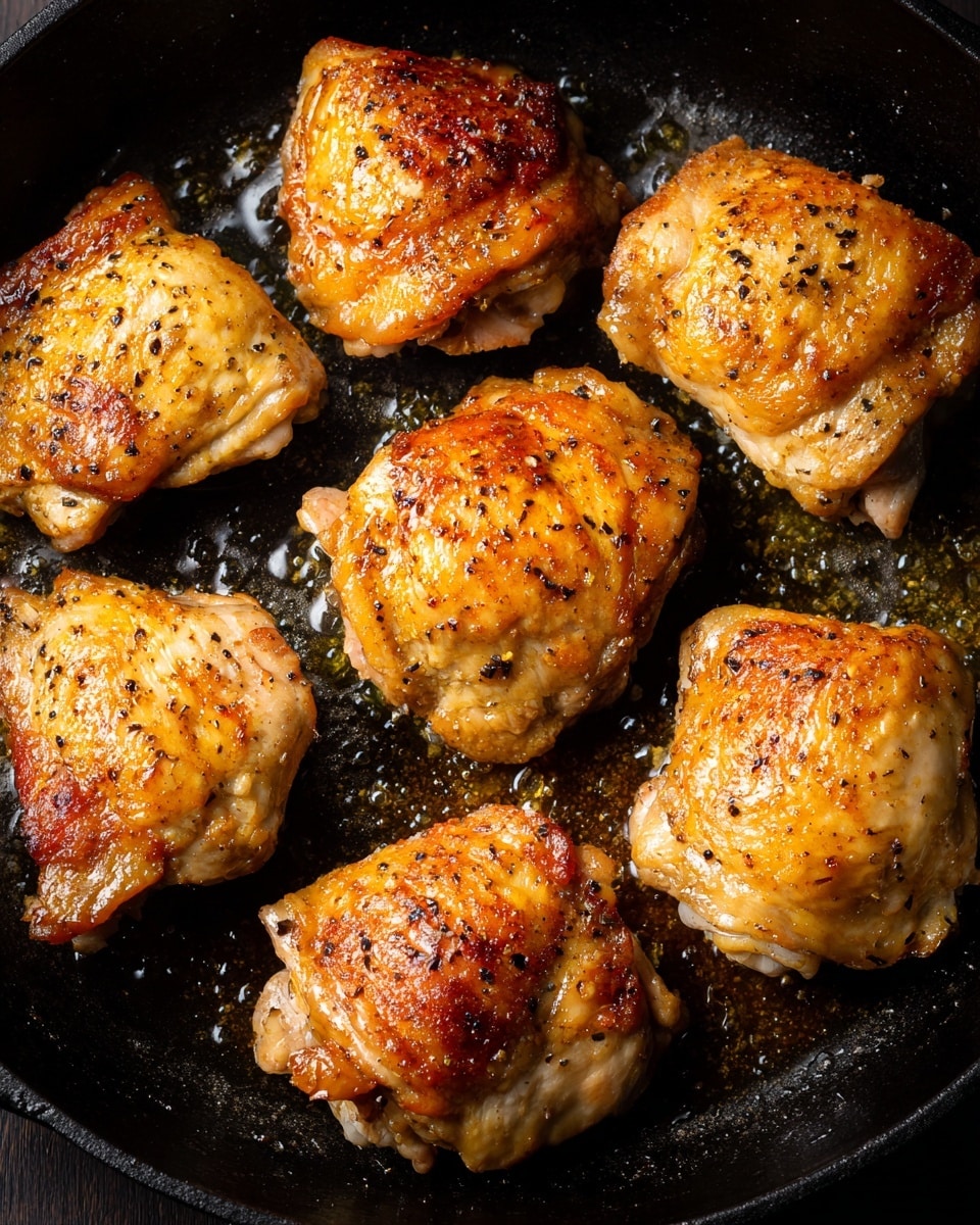 Six pieces of cooked chicken thighs with a golden light brown color and specks of black pepper are shown frying in a black cast iron pan. The chicken has a slightly crispy texture on the edges with some pieces showing a slight shine from the cooking oil. The pan surface is black with some small oil bubbles and browned bits from cooking. The chicken pieces are arranged closely but not overlapping, filling most of the pan's bottom space. photo taken with an iphone --ar 4:5 --v 7