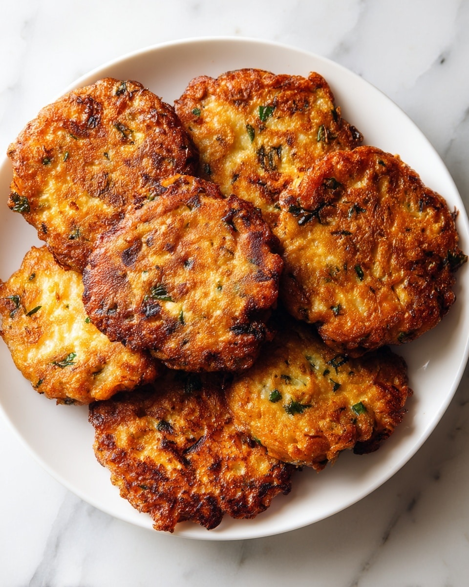 A white plate holds seven golden brown fritters with uneven edges, each with a slightly crispy, browned surface showing darker spots and a textured, moist interior with small bits of green herbs visible. The fritters are stacked closely together, filling the plate, resting on a white marbled surface. The photo taken with an iphone --ar 4:5 --v 7