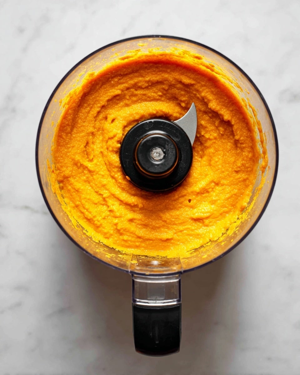 A close-up image shows a food processor bowl filled with bright orange, smooth, and thick puree. The texture looks soft with tiny bits visible, and the puree evenly surrounds the black metal central blade and spindle at the center. The glass sides of the bowl are clear and show some leftover puree splatters near the top. The whole setup is placed on a white marbled surface. Photo taken with an iphone --ar 4:5 --v 7