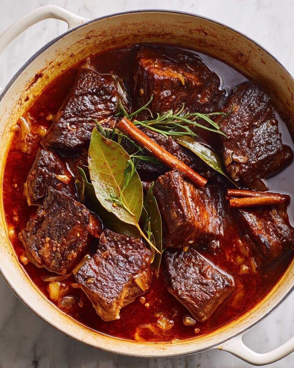 The image shows a round white pot filled with several large dark brown pieces of meat simmering in a thick, shiny reddish-brown sauce. The sauce has a glossy texture and small visible onion slices. On top, there is a bay leaf and a cinnamon stick laying across the meat. The inside rim of the pot is stained with brown caramelized residue. The background surface is a white marbled texture photo taken with an iphone --ar 4:5 --v 7