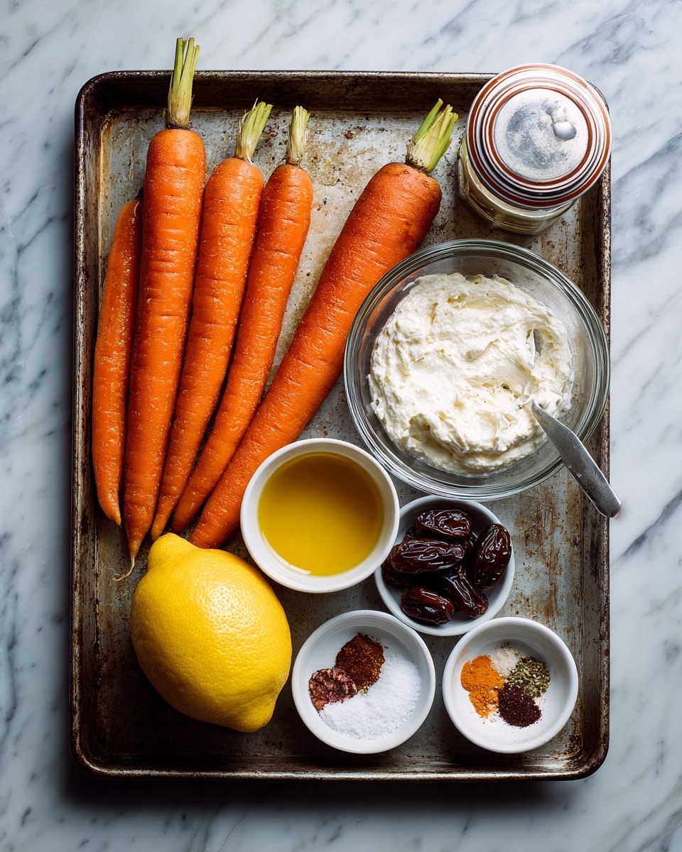 The image shows an old metal baking tray with seven whole bright orange carrots on the left side. At the center bottom is a large yellow lemon, and below it is a glass bowl filled with a white, fluffy soft cheese. To the bottom right is a small white bowl with brown nuts and dark red dates. Near the top right corner is a glass jar of grey poupon mustard with a striped lid. Below that are three small white bowls: one with a dark brown liquid, another with a yellow oil, and the last with white salt and red and brown spices. The tray sits on a white marbled surface. photo taken with an iphone --ar 4:5 --v 7