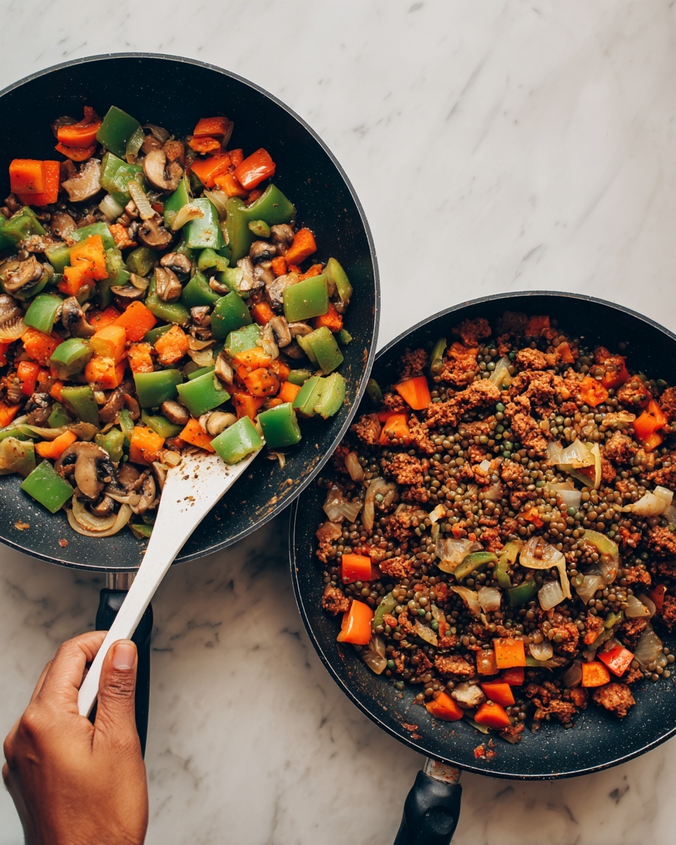 The image shows two black frying pans placed on a white marbled surface. The left pan contains large chunks of colorful vegetables including green bell peppers, orange bell peppers, onions, and mushrooms, all cooked with a slightly browned look. A white spatula held by a woman's hand is stirring the vegetables in the pan. The right pan holds a cooked dish with mixed small lentils, green and orange bell peppers, red onions, and pieces of brown spiced meat, all mixed evenly giving a textured, hearty appearance. Both pans have black handles, and the image captures a fresh, homemade cooking moment. photo taken with an iphone --ar 4:5 --v 7
