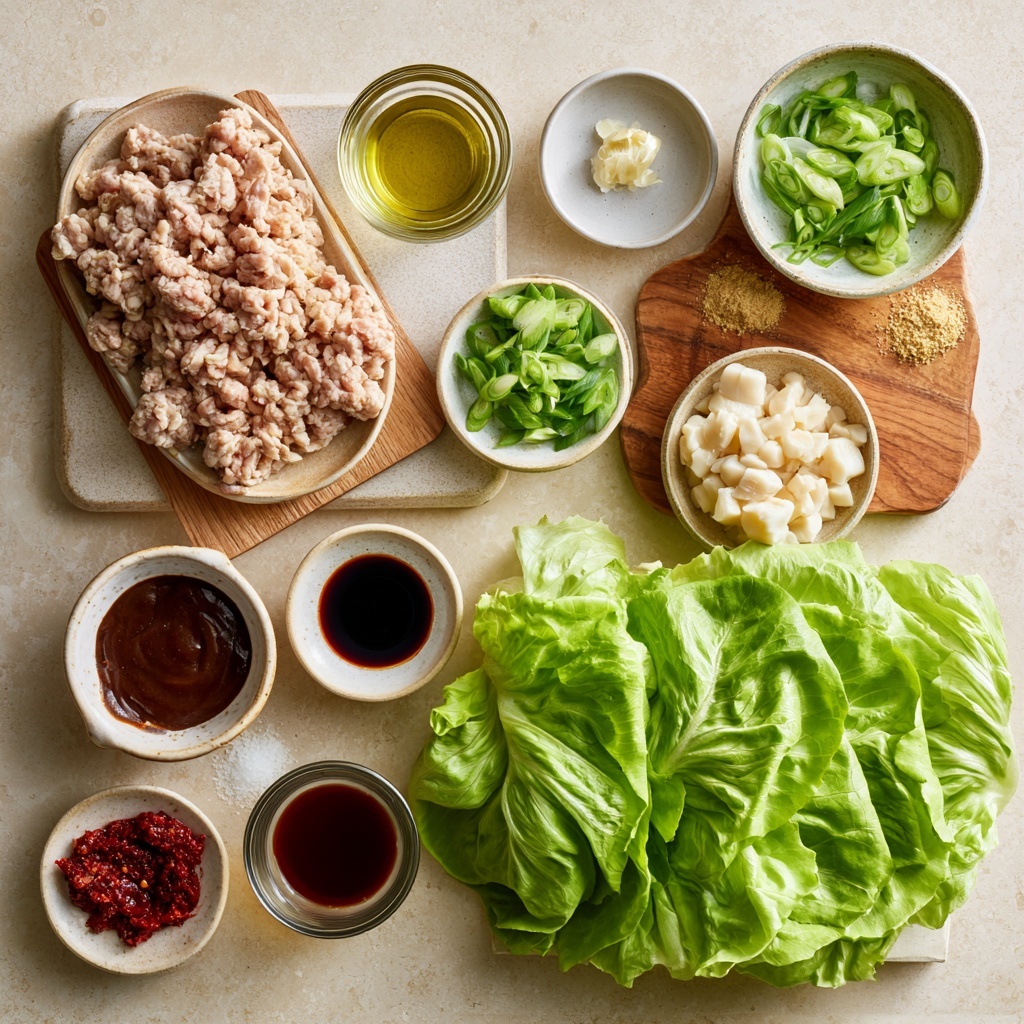 The dish shows five fresh green lettuce leaves laid out in a circle on a round white plate with a white marbled surface beneath. Each leaf is filled with small, cooked crumbles of brown meat mixed with bits of green onions and tiny red chili pieces, giving a textured and colorful look. The bright green leaves act as cups holding the moist and slightly glossy meat mixture, which contrasts with their smooth and crisp texture. Small chopped green onions are sprinkled over the top for an added fresh touch. Photo taken with an iphone --ar 4:5 --v 7
