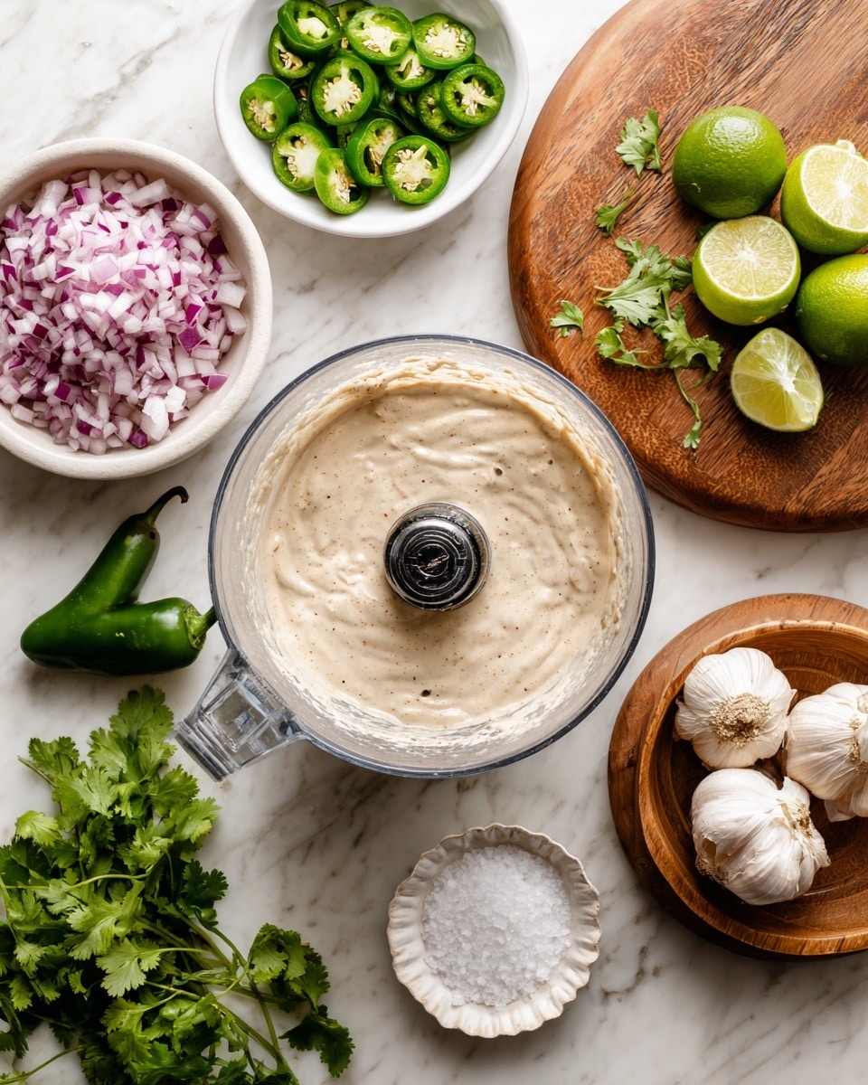 The image shows a top view of a food processor bowl filled with a creamy, light beige sauce that has a smooth texture with small darker specs, centered on a white marbled surface. To the top right, there is a round wooden cutting board with two squeezed lime halves and a whole lime. To the left side, a white plate is filled with finely chopped green herbs and small purple diced onions. At the bottom left, a wooden board holds green jalapeño peppers, some halved showing seeds inside, next to a white bowl containing a creamy white substance. To the bottom center, a white scalloped bowl has coarse salt inside. On the right, there is a bulb of garlic with some loose garlic skins scattered nearby, and a small sprig of fresh cilantro. Photo taken with an iphone --ar 4:5 --v 7