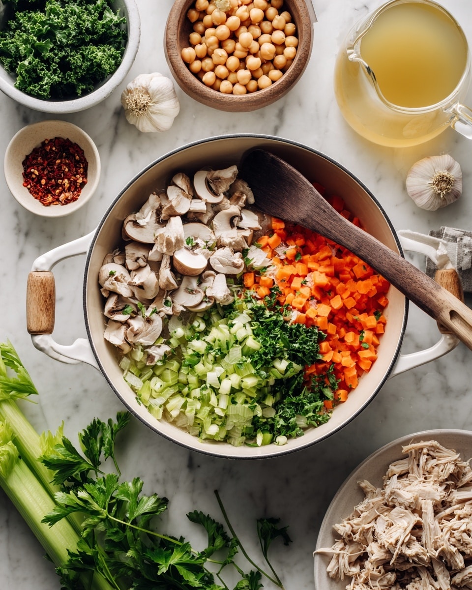 A white pan with two wooden handles shows a mixture of finely chopped carrots, celery, and onions forming a colorful base layer in the pan. On top of this, fresh pale mushrooms are added on the left side. A dark wooden spatula rests inside the pan among the vegetables. Surrounding the pan on a white marbled surface are fresh green celery stalks with parsley, a whole garlic bulb on the right, a bowl of chopped kale at the top, a small dish of red chili flakes, a light brown bowl filled with chickpeas, a glass jug of light yellow broth, and a white plate holding shredded cooked chicken. The scene is bright and clean, with the fresh ingredients arranged neatly around the pan photo taken with an iphone --ar 4:5 --v 7