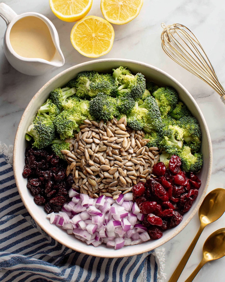 A large white bowl filled with chopped broccoli florets forming the base, topped with a pile of light brown sunflower seeds in the center, chopped red onion with purple and white pieces on the left, dark dried cranberries on the upper left, and bright red grape halves on the right side. The bowl is placed on a white marbled surface with a blue and white striped cloth partially visible under the bowl, a sliced lemon at top left, a white measuring cup with creamy dressing and a whisk on the top left, and two gold spoons to the top right of the bowl photo taken with an iphone --ar 4:5 --v 7
