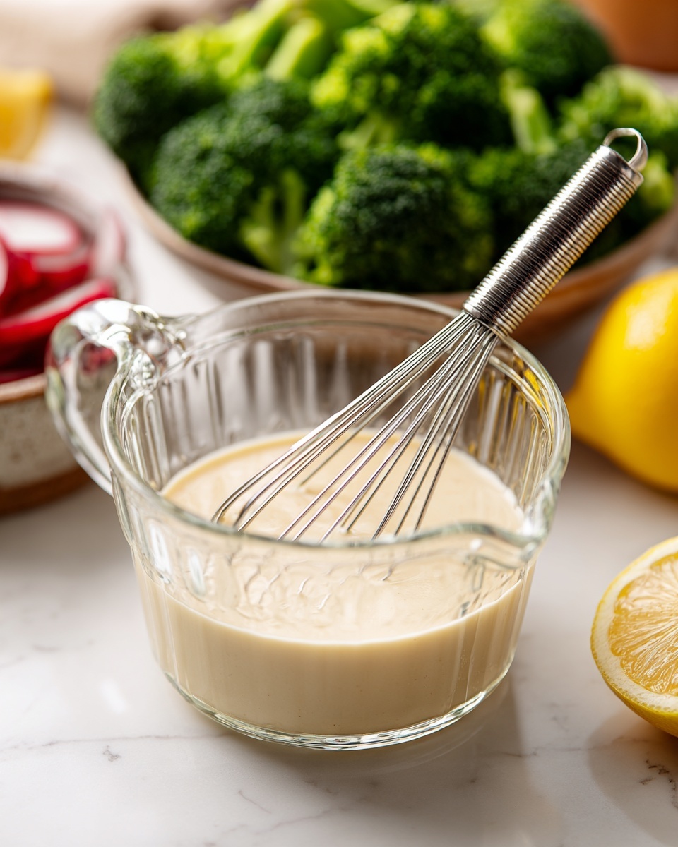 A clear glass measuring cup filled about halfway with a creamy light beige sauce sits on a white marbled surface. Inside the cup, a shiny silver whisk stands upright, with its handle leaning slightly to the right. In the background, slightly blurred, there is a bowl filled with bright green broccoli florets and a yellow lemon on the right side. To the left, a small part of another bowl with red and white slices is visible. The setting is bright and clean, creating a fresh kitchen feel. photo taken with an iphone --ar 4:5 --v 7