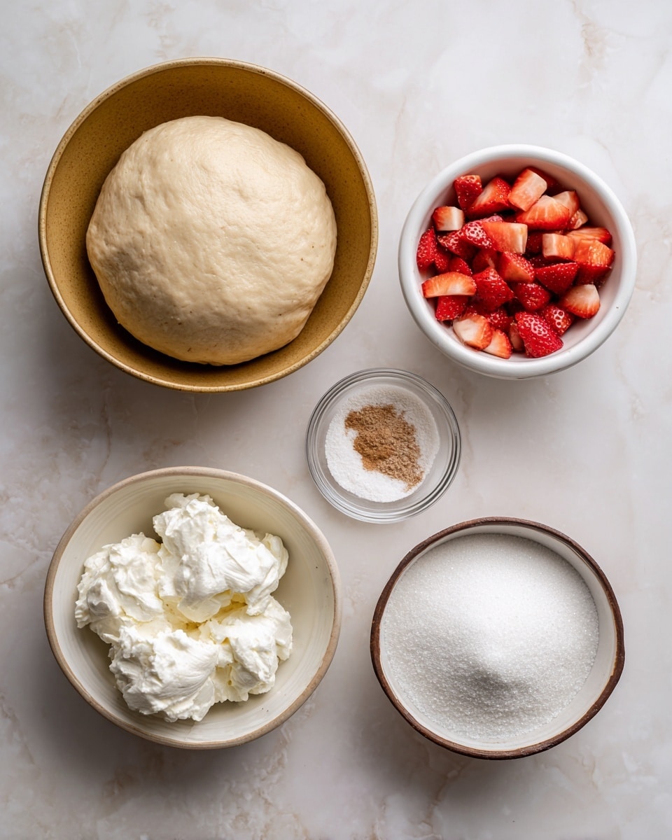 The image shows five ingredients arranged on a white marbled surface. At the top, there is a round dough ball resting in a golden bowl, showing a smooth, pale beige texture. Below it on the right, a white bowl holds small diced red strawberries. To the lower left of that, a small brown-rimmed white bowl has two white scoops of cream cheese with a smooth and soft texture. To the bottom right, another brown-rimmed white bowl is filled with white granulated sugar. Finally, on the middle left, a small clear glass bowl contains a white powder, likely cornstarch, with a hint of cinnamon powder underneath. photo taken with an iphone --ar 4:5 --v 7