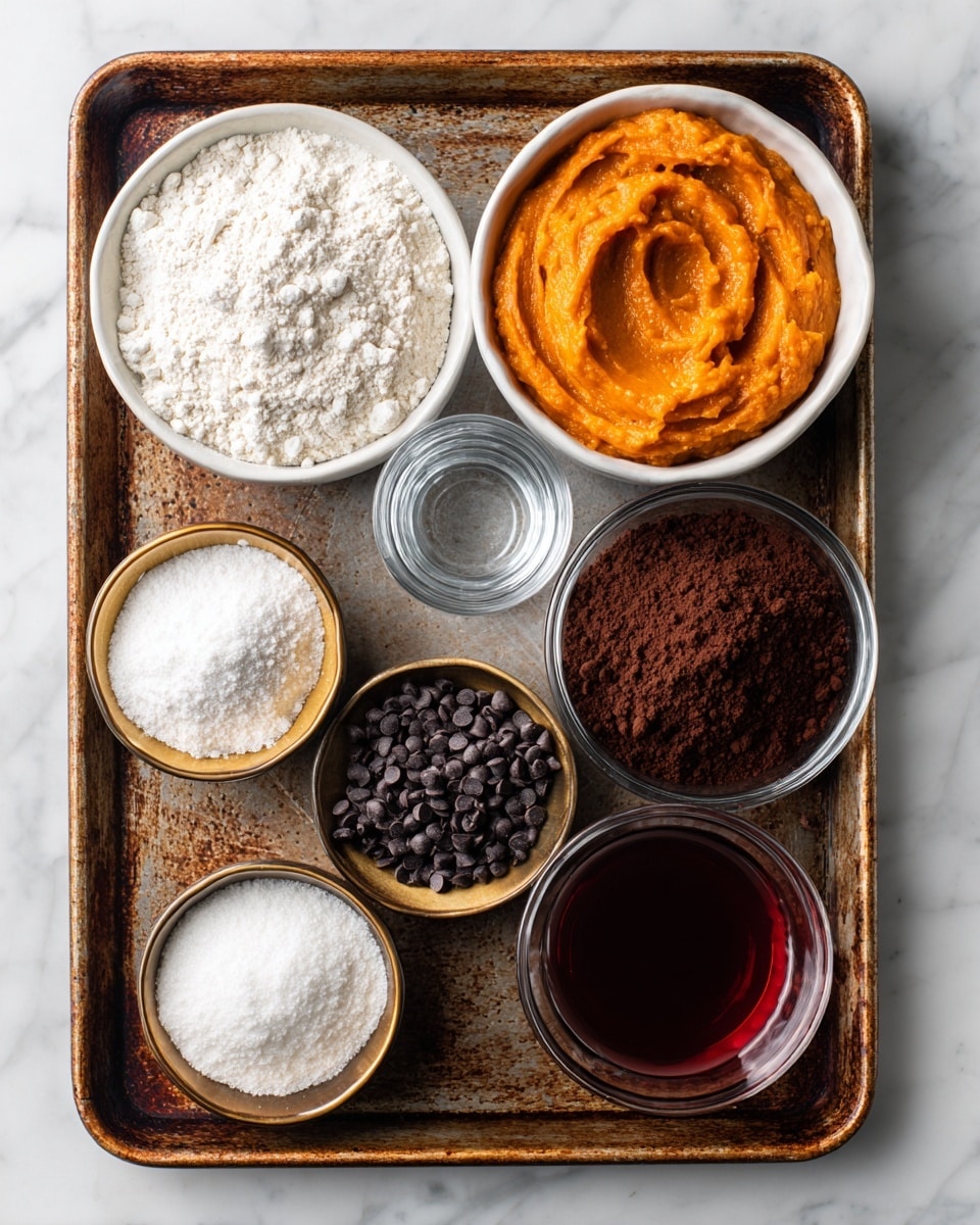 A top-down view of seven small bowls arranged on a rusty metal baking tray on a white marbled surface. Starting from the top left, there is a white bowl filled with white flour, next to it a white bowl with granulated sugar, and below the flour a small clear glass bowl of water. In the center on the right side, a white bowl with smooth orange pumpkin puree with swirls on top. Below the water bowl is a clear glass bowl filled with dark brown cocoa powder, next to it a shiny gold bowl piled high with small dark chocolate chips. At the bottom left corner is a small white bowl containing white baking powder, and at the bottom right a red bowl with a dark reddish liquid. All bowls show smooth, well-defined textures. photo taken with an iphone --ar 4:5 --v 7