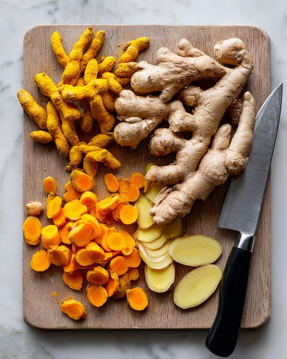 A wooden board is placed on a white marbled surface, holding two kinds of fresh roots: turmeric and ginger. On the left side, turmeric roots are whole and piled up, with some sliced into thin, round orange pieces scattered below. On the right side, ginger roots are whole, pale beige in color, with a few thinly sliced oval pieces placed nearby. A large kitchen knife with a black handle lies diagonally across the board, separating the turmeric and ginger slices. The textures of the roots show natural bumps and ridges clearly. photo taken with an iphone --ar 4:5 --v 7