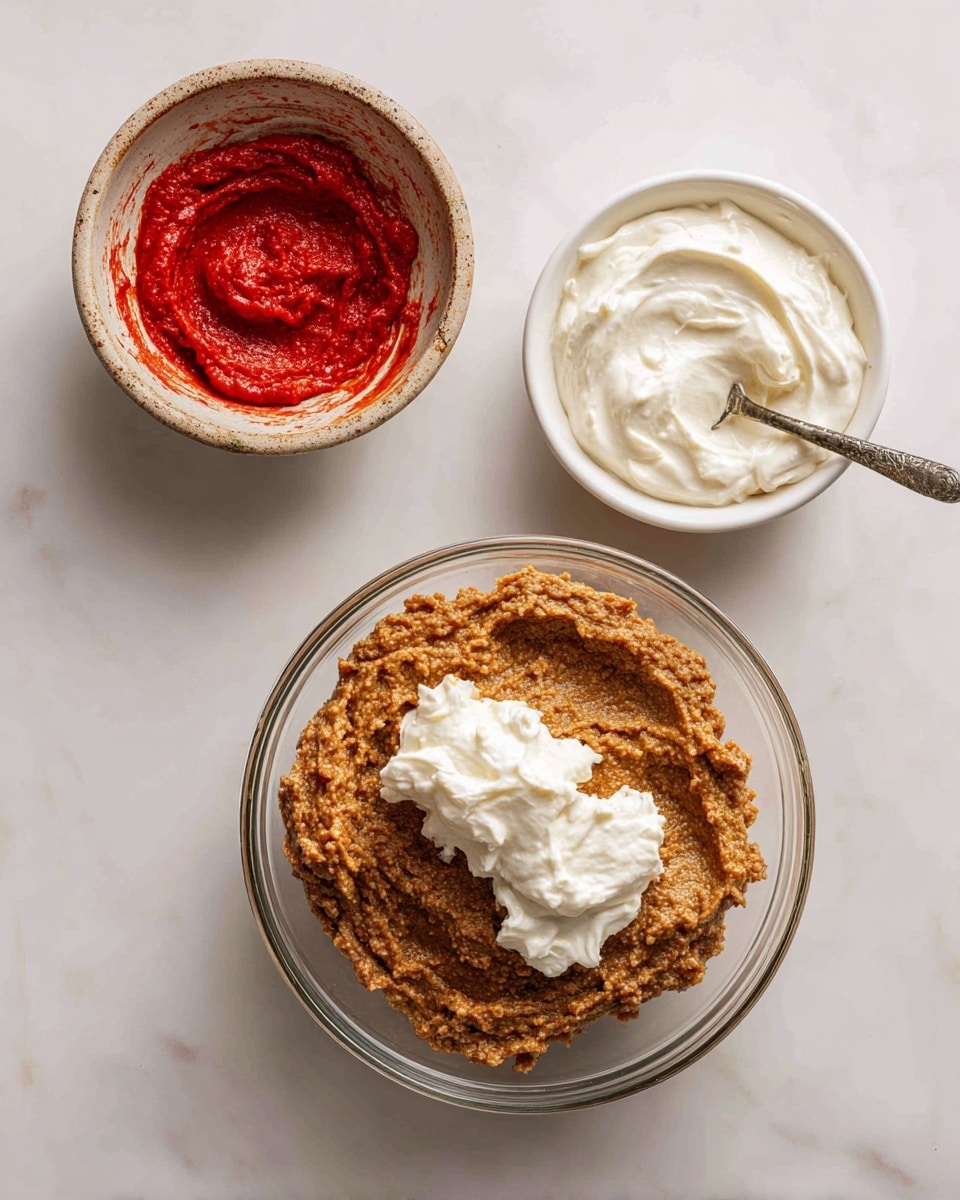 A clear glass bowl filled with a lumpy brown paste that looks thick and textured, with two dollops on top: one bright red smooth sauce on the left and one white creamy sauce on the right. Above this bowl are two more bowls on a white marbled surface: the left bowl is rustic and small with remnants of a red sauce inside, swirling in an almost empty fashion, while the right bowl is white filled with thick white cream and has a metal spoon resting inside. photo taken with an iphone --ar 4:5 --v 7