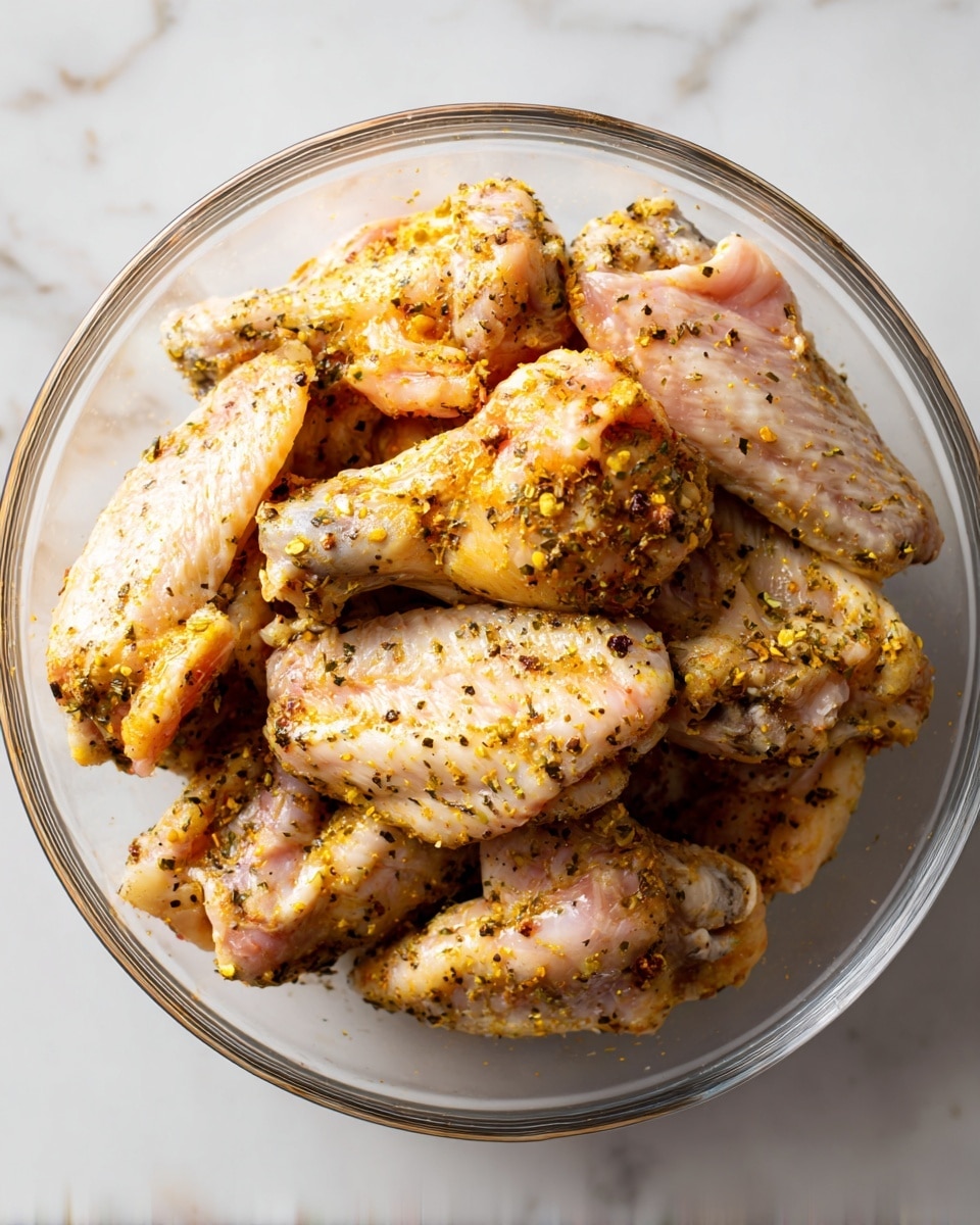The image shows a white plate with grilled chicken wings that have a golden-brown crispy texture and black pepper seasoning, arranged around a small white bowl filled with a yellow lemon pepper sauce topped with small black pepper specks. To the right of the bowl, there is a lemon wedge with visible juice sacs and a light yellow color. The plate rests on a white marbled surface. photo taken with an iphone --ar 4:5 --v 7