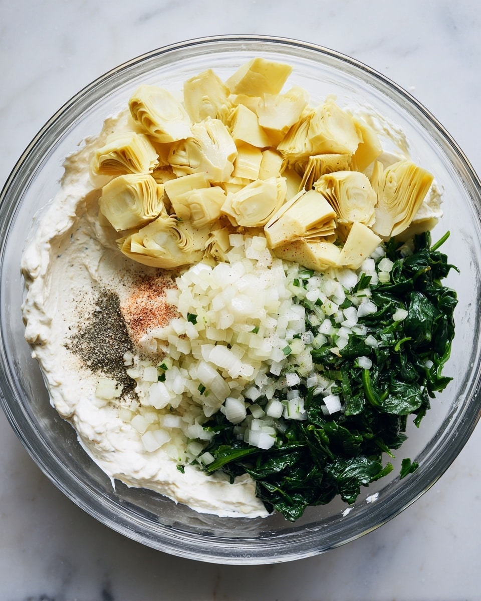 A clear glass bowl on a white marbled surface holds several distinct layers of ingredients, arranged separately without mixing. The base layer looks like a creamy white sauce spreading on one side. On top of the sauce and covering most of the bowl are chopped pale yellow artichoke pieces at the top, finely chopped white onion in the middle, minced garlic below that, and dark green chopped spinach spread on the left side. There are small sprinkles of black pepper and coarse white salt near the center on the sauce. The textures range from creamy on the sauce to soft and leafy for the vegetables, with a clear separation of each ingredient. Photo taken with an iphone --ar 4:5 --v 7