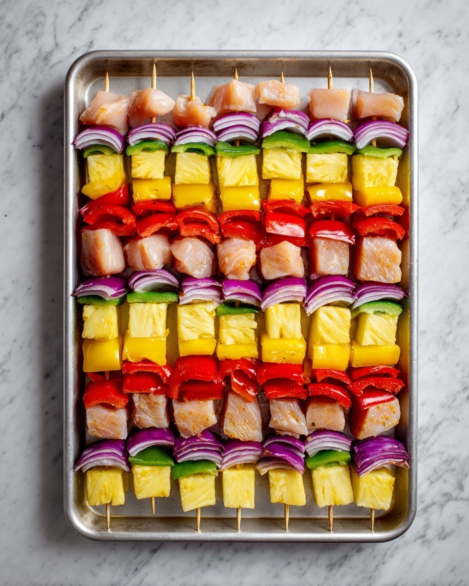 The image shows a metal baking tray filled with neatly arranged skewers in eight rows, each skewer holding a repeating pattern of food pieces. Each skewer has five layers, starting at the bottom with a large yellow pineapple chunk, followed by a piece of raw light pink chicken, a slice of bright red bell pepper, a wedge of purple onion with white inner layers, and another yellow pineapple chunk at the top. The tray sits on a white marbled textured surface. photo taken with an iphone --ar 4:5 --v 7