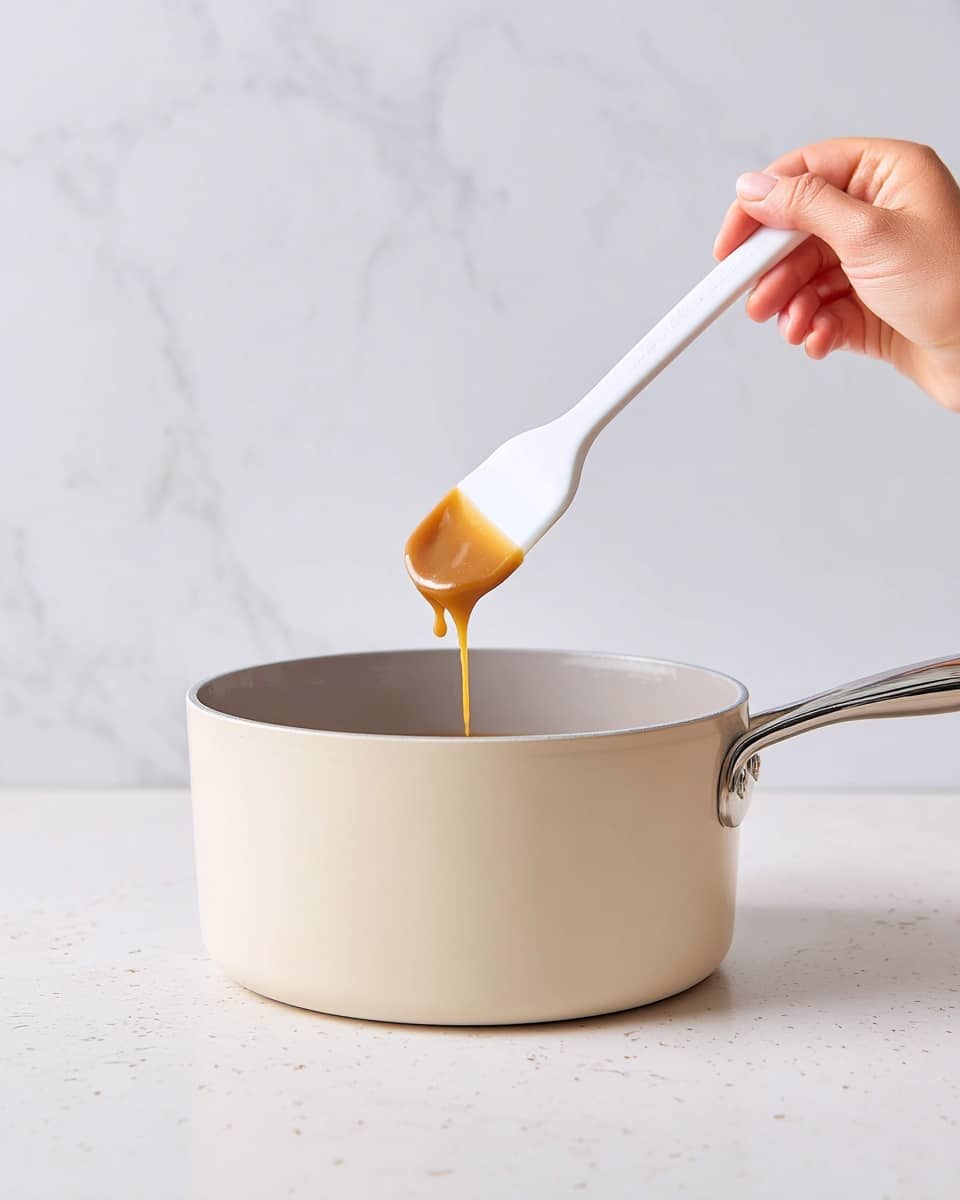 A woman's hand is holding a white silicone spatula above a white pot, with a small amount of thick light brown sauce clinging to the spatula, a drop about to fall. The pot has a smooth matte cream exterior and a light gray interior, with a shiny metal handle attached on the right side. The background and surface are white with a soft marbled texture, creating a clean and bright kitchen scene. Photo taken with an iphone --ar 4:5 --v 7