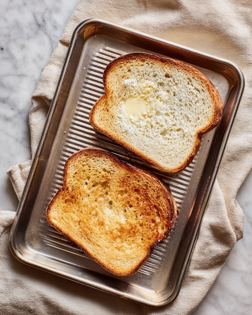 Two slices of toasted bread are placed on a metal baking sheet with ridges. One slice is plain while the other has a small dollop of melted butter in the center. The bread has a golden brown crust and a lighter, porous interior. The baking sheet rests on a soft beige cloth, all set on a white marbled surface. photo taken with an iphone --ar 4:5 --v 7