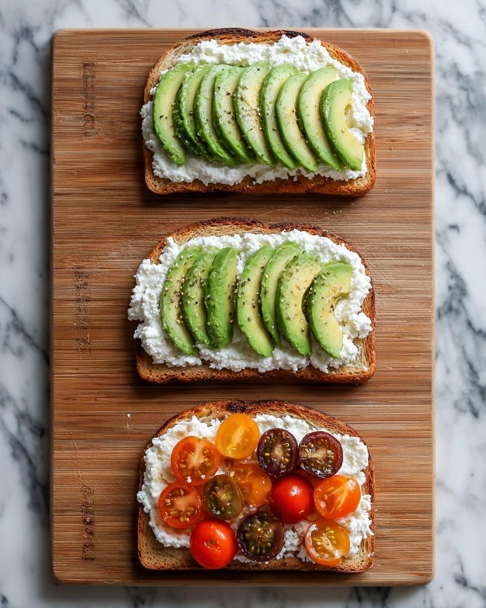 The image shows three steps of making a toast on a wooden cutting board placed on a white marbled surface. The first step has a slice of toasted bread with six thin green slices of avocado layered overlapping in the center. The second step adds a thick, uneven layer of white cottage cheese on top of the avocado slices, covering most of the bread. The third step adds seven halved cherry tomatoes in orange, red, and dark brown colors, arranged in a scattered pattern on top of the cottage cheese. The board remains centered in each photo, with the layers clearly visible. photo taken with an iphone --ar 4:5 --v 7