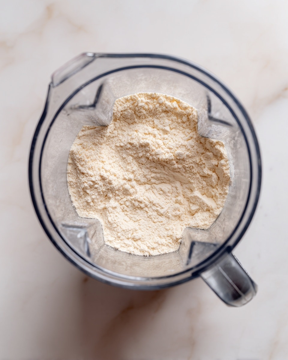 The image shows the inside of a clear blender jar filled with a light beige powder, likely flour, sitting on a surface with a white marbled texture. The powder forms one layer at the bottom of the blender, with no other ingredients visible. The blender jar has a handle on the right side and the photo is taken from above, showing the top view of the jar and its contents. Photo taken with an iphone --ar 4:5 --v 7