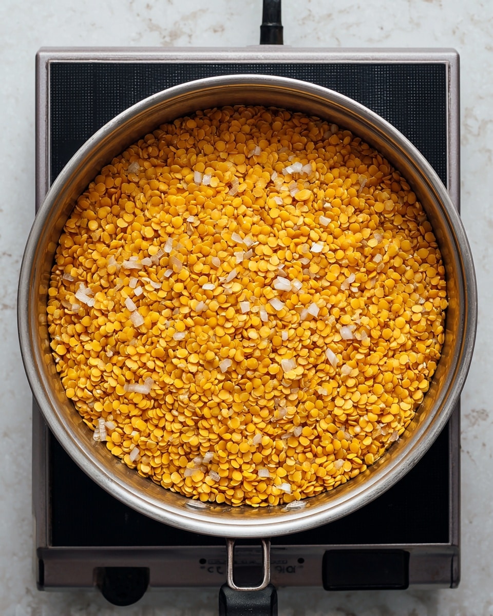 A top view of a silver pot on a black and silver electric stove, filled with a single even layer of small yellow split lentils. The lentils have a smooth, slightly shiny texture and cover the entire bottom of the pot. A few scattered translucent bits of chopped onions are mixed with the lentils near the edges. The background is a white marbled surface. photo taken with an iphone --ar 4:5 --v 7