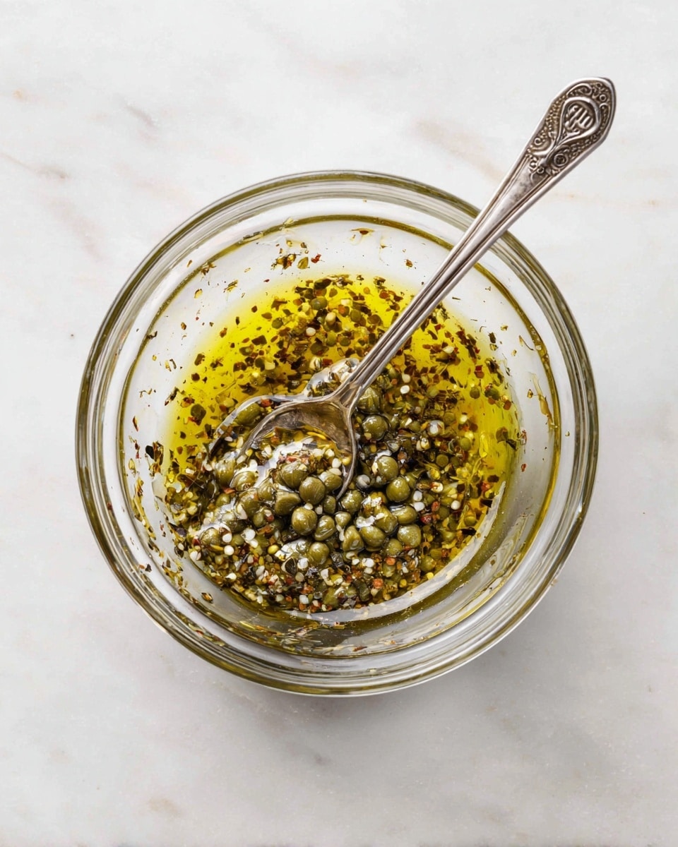 A clear glass bowl sits on a white marbled surface, containing a mix of small green capers in a thick, yellowish-green oily sauce speckled with tiny herbs and spices. A silver fork with a simple ornate handle rests inside the bowl, partially embedded in the mixture towards the right side. The bowl is viewed from above, showing the spread of the sauce and capers evenly inside, with some sauce splattered near the upper rim. Photo taken with an iphone --ar 4:5 --v 7