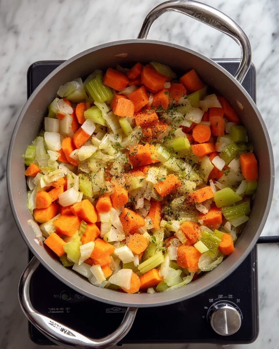 A large gray pot with silver handles contains a colorful mix of chopped vegetables, including orange carrot slices, pale green celery pieces, and white onion chunks. The vegetables appear slightly cooked with a light seasoning of black pepper scattered on top. The pot sits on a black electric stove with a knob visible on the right side and is placed on a white marbled surface. photo taken with an iphone --ar 4:5 --v 7