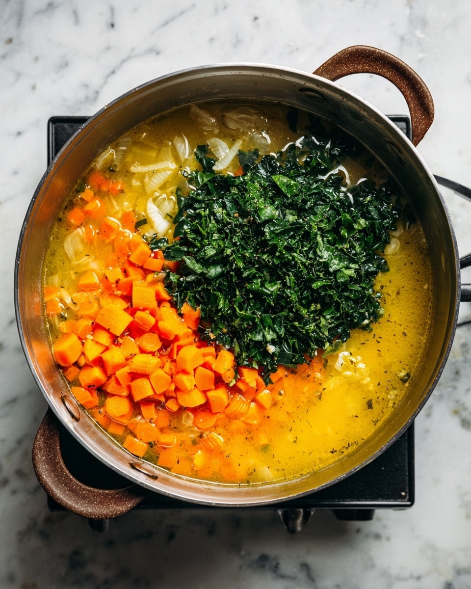 A large silver pot with brown handles sits on a small black stove on a white marbled surface. Inside the pot, there is a yellowish broth with visible small diced orange carrots and light-colored onion pieces. In the center of the broth, there is a mound of chopped dark green leafy vegetables. The broth has a slightly oily surface with some pepper specks floating. photo taken with an iphone --ar 4:5 --v 7