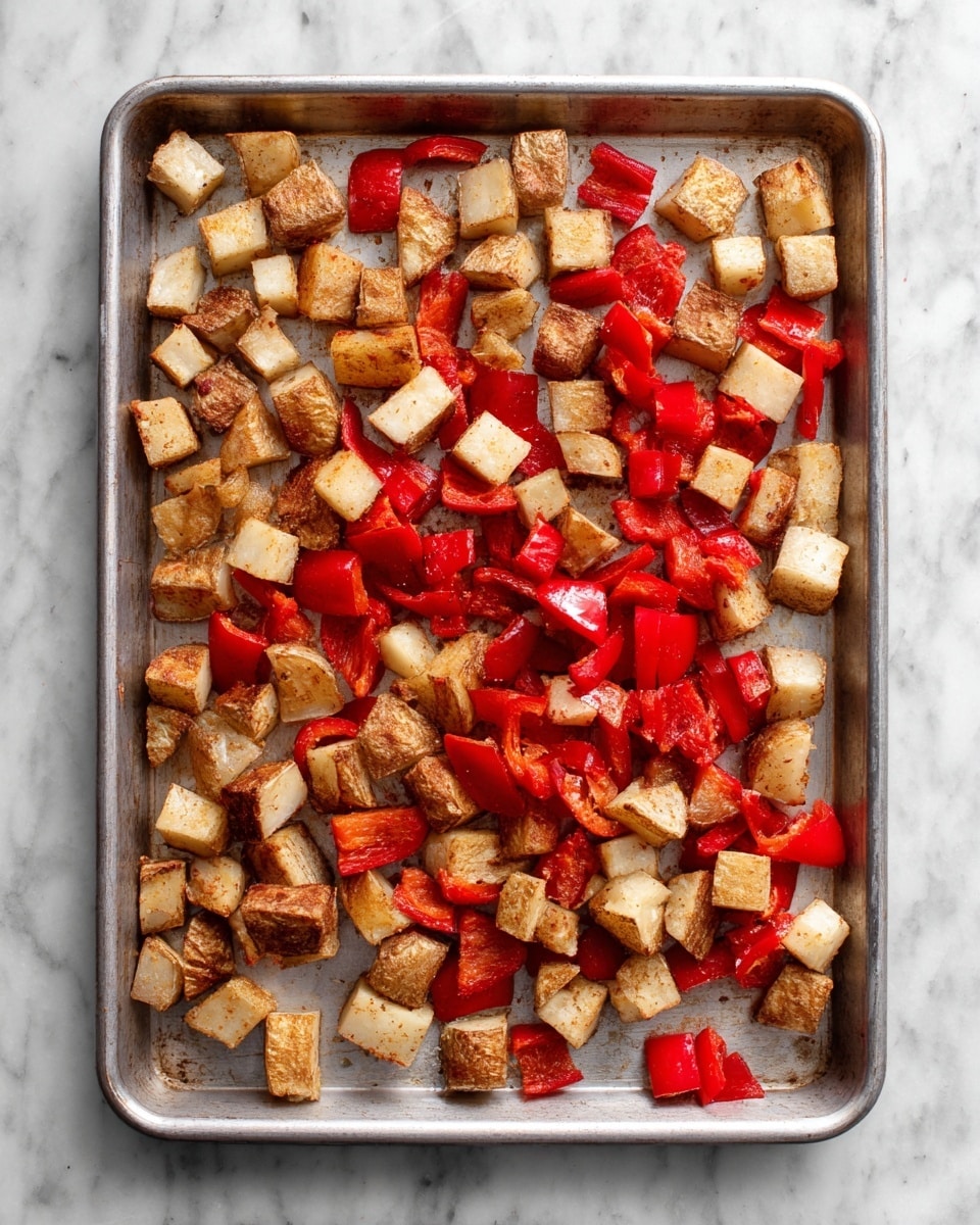 A metal baking sheet filled with evenly spread small cubes of two layers: the first layer consists of light brown potato pieces with their skins on, showing a rough texture; the second layer is made up of bright red bell pepper chunks with smooth, shiny skin. The pieces are scattered across the baking sheet without stacking, placed on a white marbled surface. photo taken with an iphone --ar 4:5 --v 7