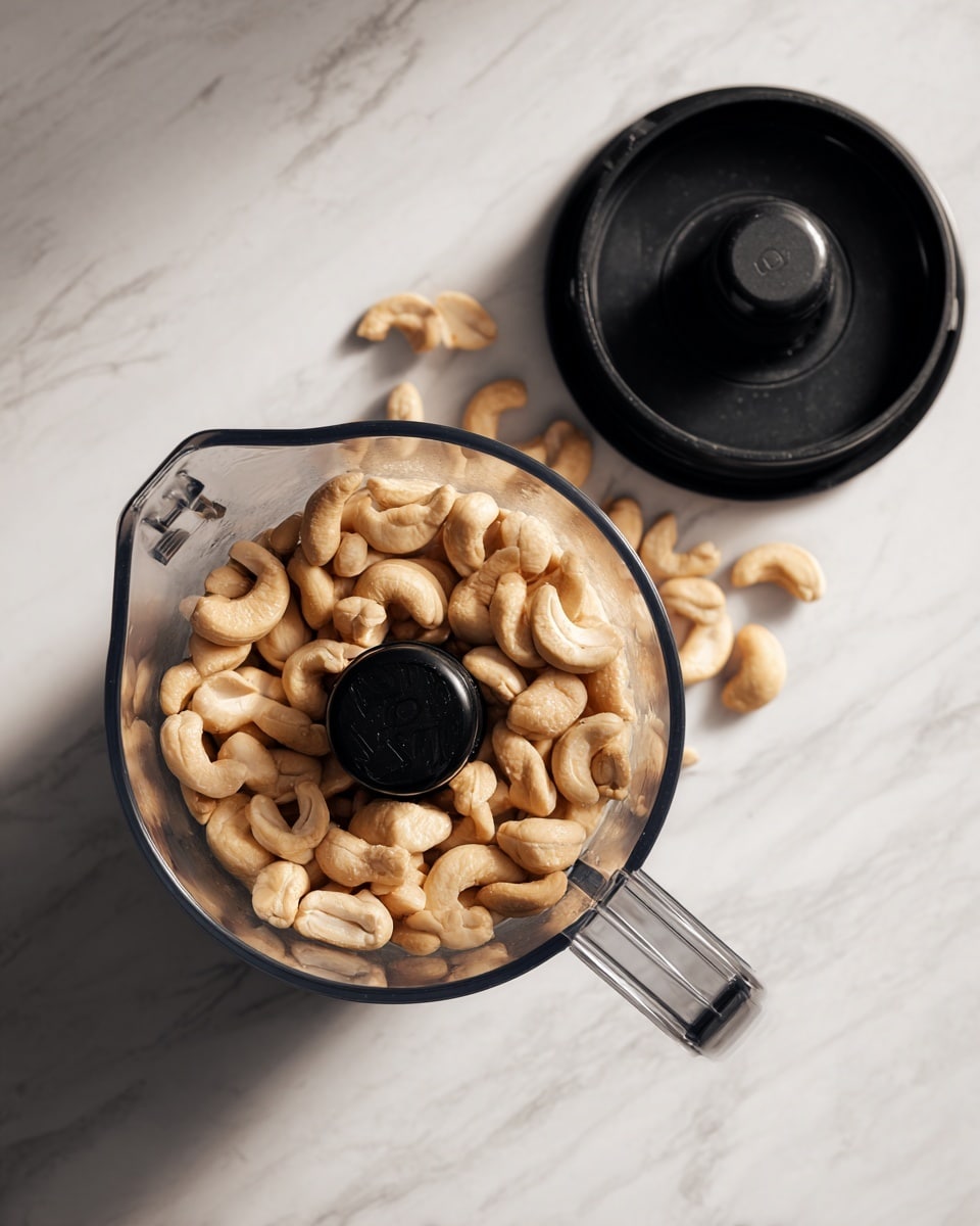 A clear blender jar with a handle is seen from above, sitting on a white marbled surface. Inside the blender, there is one layer of light tan cashew nuts spread evenly at the bottom. Next to the blender, the black blender lid is placed on the same white marbled surface. photo taken with an iphone --ar 4:5 --v 7