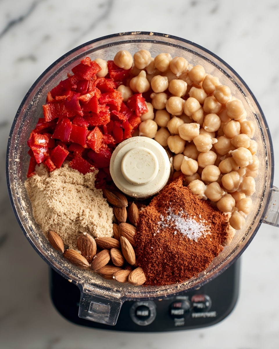 A clear round food processor bowl filled with four main layers of ingredients, sitting on a black base with buttons labeled