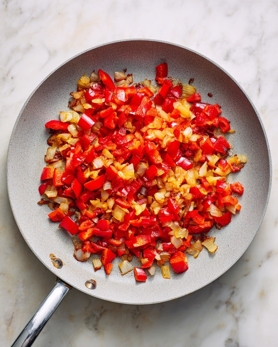 The image shows a close-up of a pan filled with a yellow scrambled mixture, likely tofu or eggs, mixed with small chunks of red bell peppers, corn kernels, and green herbs, all evenly distributed throughout the dish. A wooden spatula is partially visible on the right side, stirring the dish inside a round pan with a metallic handle. The pan sits on a white marbled surface. The food has a moist, soft texture with colorful pieces giving it a vibrant look. Photo taken with an iphone --ar 4:5 --v 7