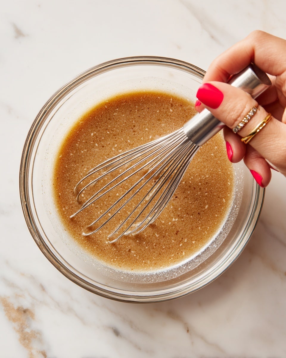 A clear glass bowl holds a light brown mixture with small darker specks, showing a smooth yet slightly grainy texture. A woman's hand with red nail polish and a gold ring grips a silver whisk, stirring the mixture in the bowl. The bowl is placed on a white marbled surface, enhancing the clean and simple kitchen setting. photo taken with an iphone --ar 4:5 --v 7