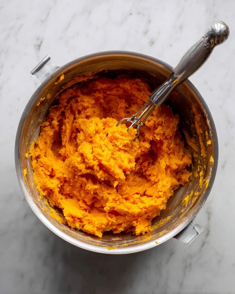 A silver metal pot sits on a white marbled surface, filled with mashed orange sweet potatoes. Inside the pot, a silver metal masher rests on top of the bright mashed sweet potatoes, showing a slightly chunky texture. The pot's interior reflects a shiny silver color with some areas of the sweet potato sticking to the sides. Photo taken with an iphone --ar 4:5 --v 7
