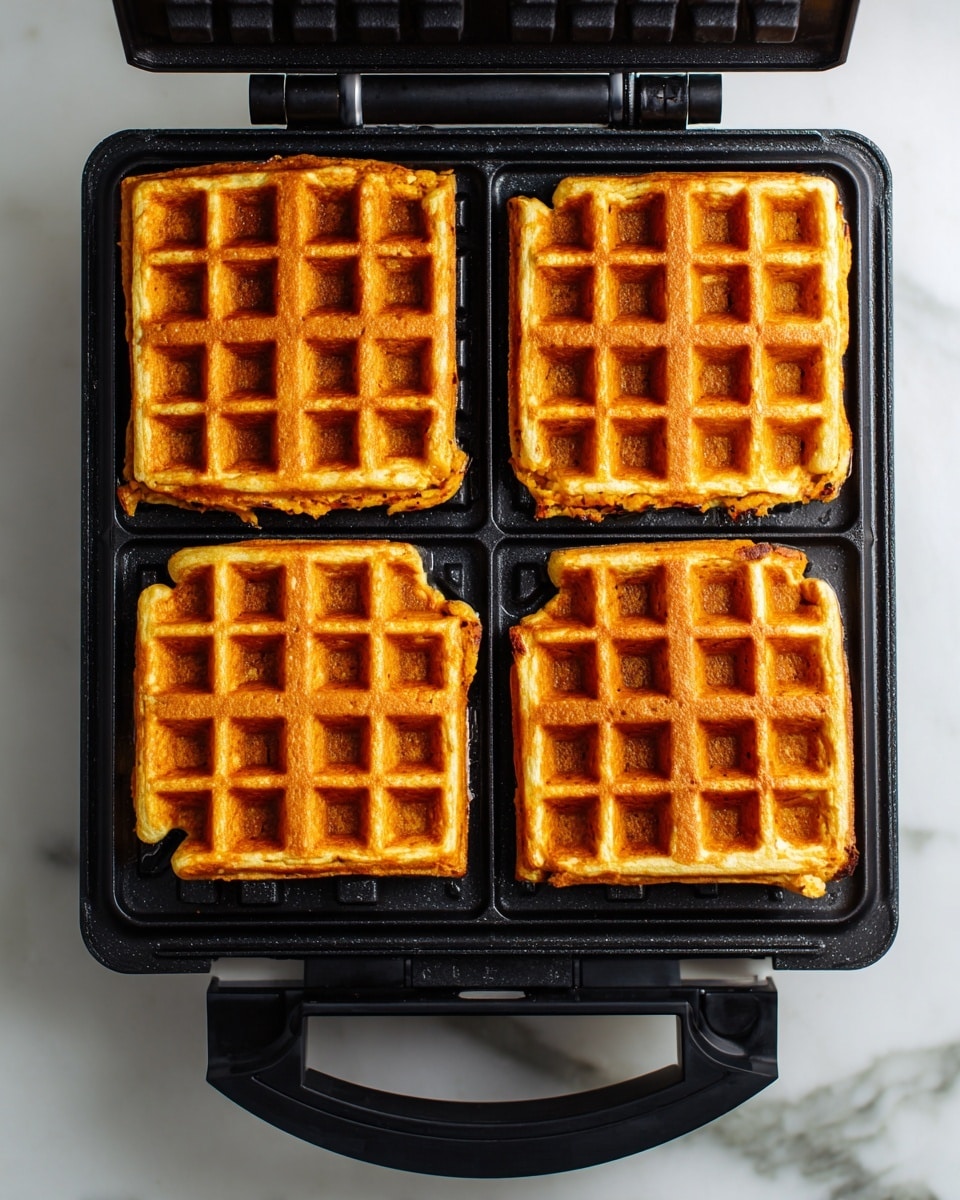 Four small golden brown waffles with a slightly rough texture sit inside a black waffle maker. Each waffle fits neatly into its own square section of the waffle maker, showing a grid pattern of deep pockets. The waffles have a warm orange tint, indicating a mix of spices or sweet potatoes, and their edges are slightly crisp and uneven. The waffle maker rests on a white marbled surface, adding contrast to the warm tones of the waffles. photo taken with an iphone --ar 4:5 --v 7