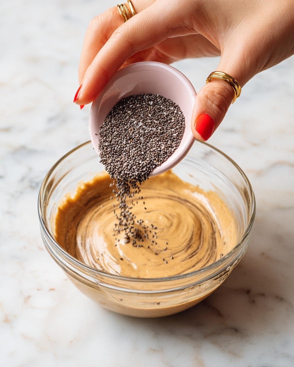 A clear glass bowl holds a smooth light brown creamy liquid as the base layer, with fine swirls visible on the surface. Above it, a woman's hand with red nail polish and a gold ring is pouring a heap of small black chia seeds from a small light pink bowl, adding texture and contrast. The setting is on a white marbled surface, clean and bright. photo taken with an iphone --ar 4:5 --v 7