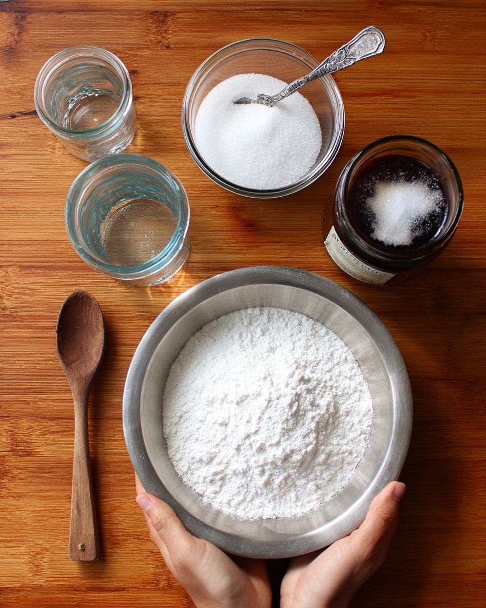 The image shows a top view of a wooden table with a silver metal bowl in the center containing a white powder, likely sugar; to the right, a woman's hand holds a silver metal bowl filled with white flour. Above the central bowl, there is a small glass bowl filled with white granulated sugar and a dark brown glass jar with a silver spoon inside it, possibly for honey or syrup. To the left of the metal bowl, there is an empty clear glass jar and a wooden spoon resting on the table. The setting is simple and clean with no visible clutter. photo taken with an iphone --ar 4:5 --v 7