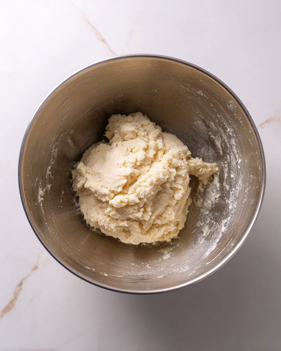 A shiny silver mixing bowl sits on a white marbled surface. Inside the bowl is a single large mound of pale, sticky dough with a rough texture. The dough looks soft and slightly lumpy, sticking a bit to the sides of the bowl. The bowl is viewed from above, showing the dough centered inside. Photo taken with an iphone --ar 4:5 --v 7