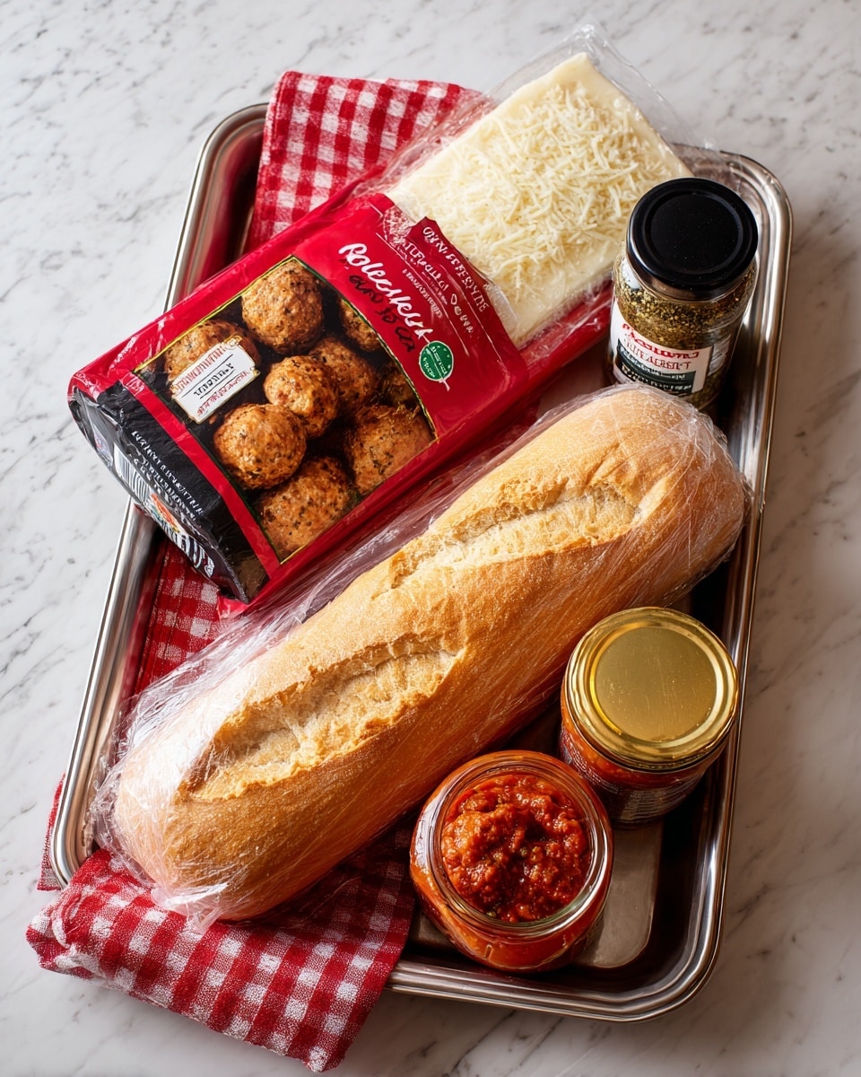 A package of Italian-style meatballs in a red bag rests on a silver tray with a white marbled surface underneath. On top of the meatballs bag is a package of thick cut provolone cheese in pale yellow and cream colors. Next to them, a long loaf of white sandwich bread in clear plastic packaging lies diagonally across the tray, showing the soft, golden-brown crust. To the right of the bread are two jars: one with black cap containing green Italian seasoning, and the other a glass jar of red roasted garlic parmesan pasta sauce with a gold lid. A red and white checkered kitchen towel is placed under the tray, adding a bright, cozy touch. Photo taken with an iphone --ar 4:5 --v 7