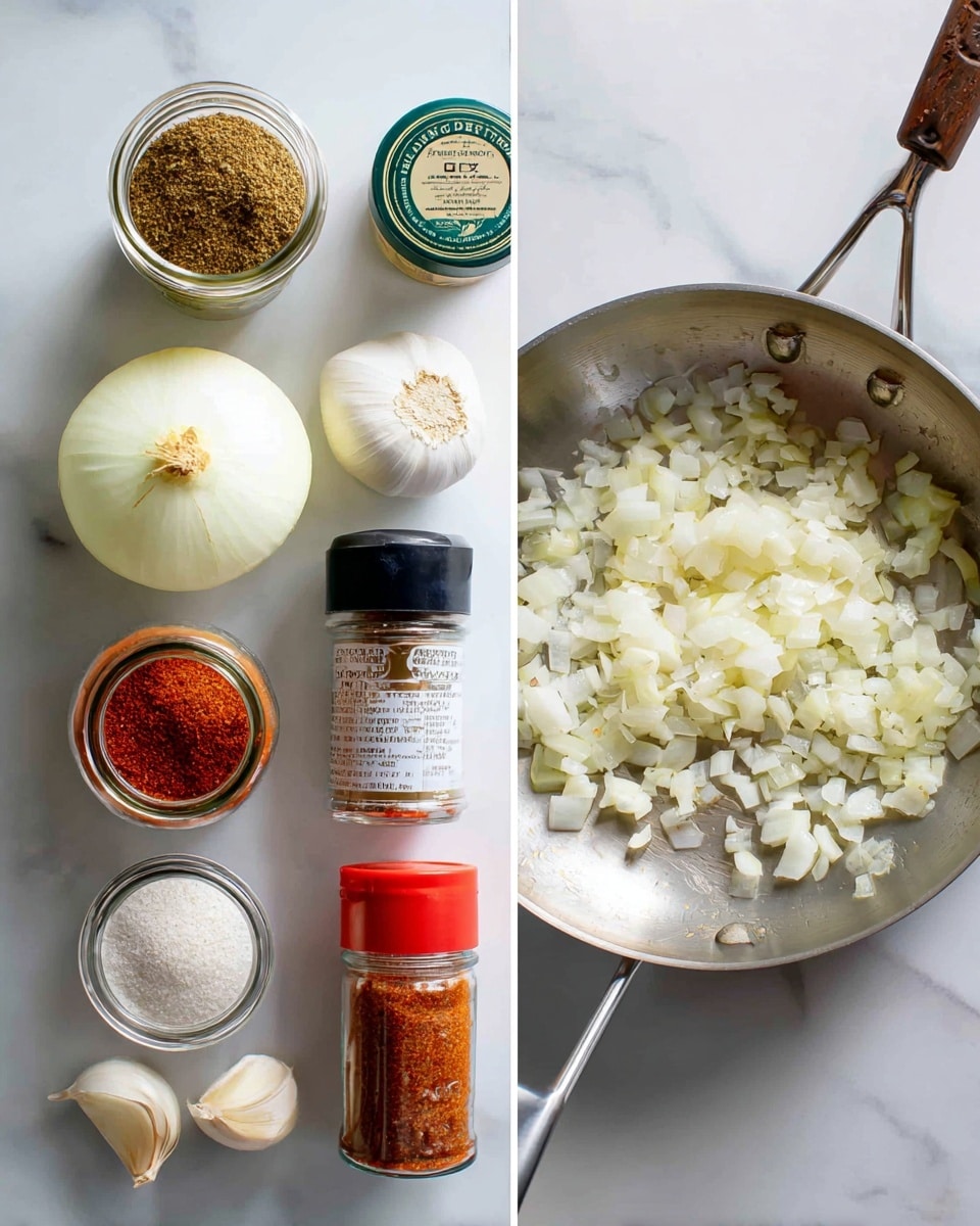 The image shows two side-by-side photos on a white marbled surface. The left side has six items arranged neatly: a glass jar of ground cumin with a green lid, a half white onion with its layers visible, two peeled garlic cloves, a plastic bottle of garlic powder, a red-capped container of paprika, a clear jar of dried onion flakes, and a dark-lidded bottle of smoked paprika. The right side shows a silver frying pan with small chopped white onions and garlic cooking evenly, the onions turning soft and slightly golden. Photo taken with an iphone --ar 4:5 --v 7