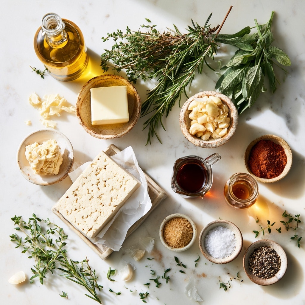 The image shows four parts: top left is a sealed package of Trader Joe's organic super firm tofu with green and red text on white packaging placed on a white marbled surface; top right is a whole block of tofu, cream-colored with a slightly rough texture, placed on a round wooden board; bottom left shows the same wooden board holding four rectangular tofu pieces split from the block, with a porous and uneven surface; bottom right is a clear plastic Ziploc bag filled halfway with a dark reddish-brown sauce, resting on the white marbled surface. Photo taken with an iphone --ar 4:5 --v 7