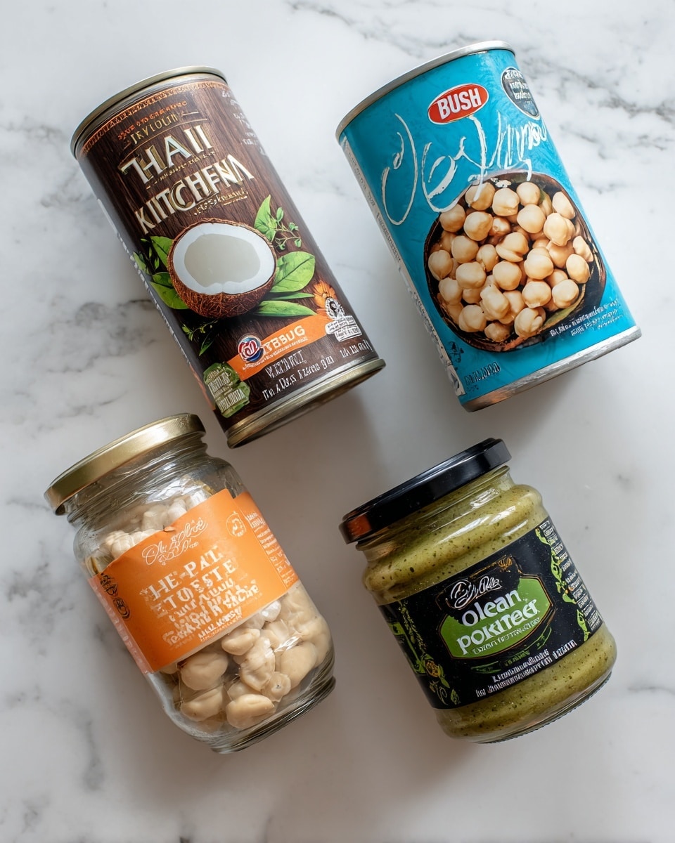 The image shows four food containers arranged in two rows on a white marbled surface. In the top row, there is a can of Thai Kitchen unsweetened coconut milk on the left with a brown and orange label featuring a coconut image, and a can of Bush's Best Chick Peas on the right with a blue label showing a pile of chickpeas. In the bottom row, there is a glass jar of Once Again unsweetened creamy cashew butter with an orange and white label on the left, and a smaller glass jar of Thai Kitchen green curry paste with a black and green label on the right. All containers have clear and colorful packaging with visible text and logos. photo taken with an iphone --ar 4:5 --v 7