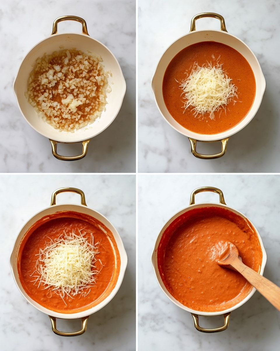 The image shows four stages of making a red-orange creamy sauce in a white pan with gold handles, placed on a white marbled surface. The first layer shows finely chopped onions cooked and slightly browned in the pan, spread evenly. The second layer is a smooth red-orange sauce filling the pan, evenly spread. The third layer adds a pile of grated pale yellow cheese on top of the red-orange sauce, centered in the pan. The fourth layer shows the sauce stirred with a wooden spoon, blending the cheese into the sauce, making it creamy with small bits visible. Photo taken with an iphone --ar 4:5 --v 7