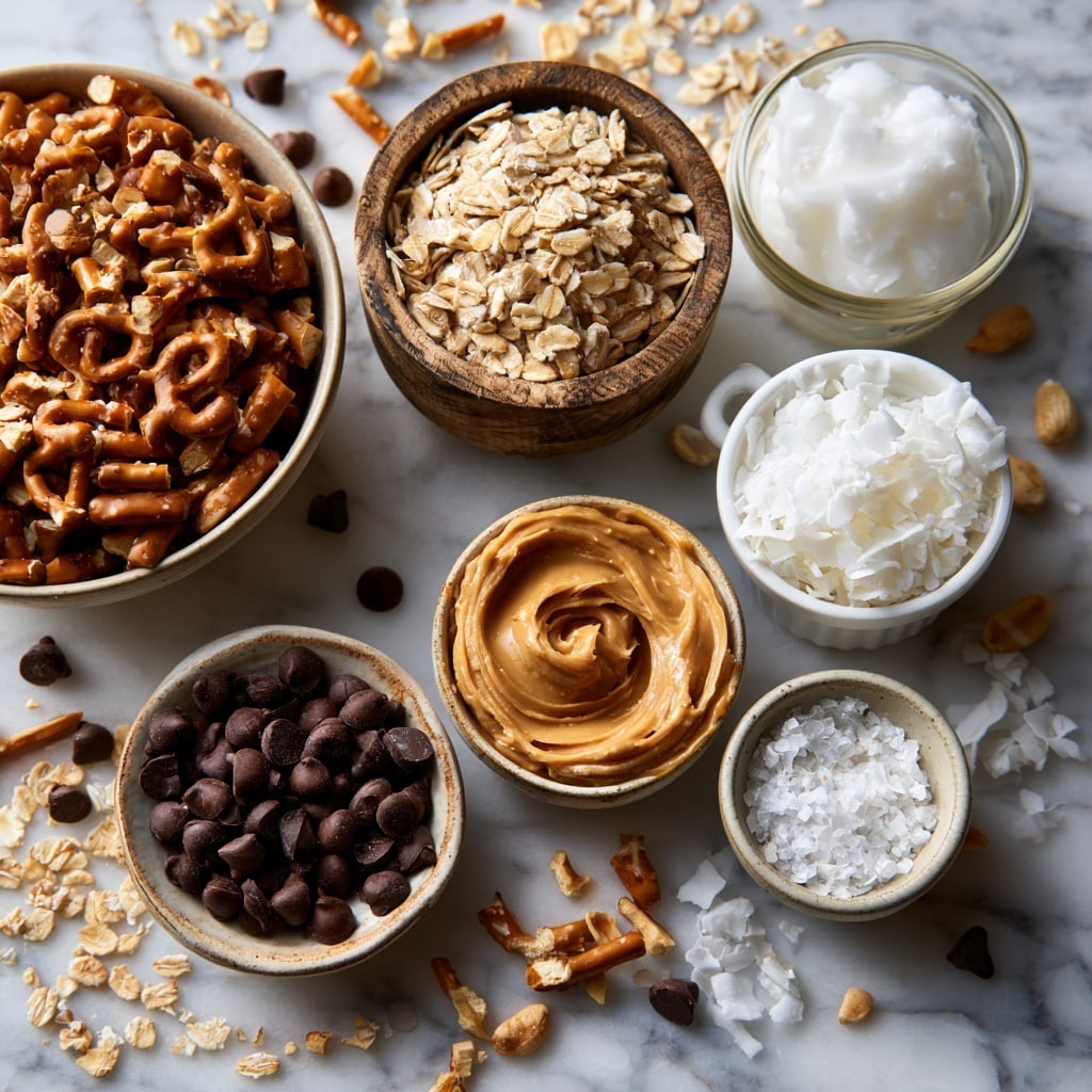 The image shows two black pots on a white marbled surface, each filled with ingredients. The left pot contains five visible layers arranged in sections: dark brown chocolate chips on the left, a smooth dollop of tan peanut butter below the chocolate, a soft white mound of coconut oil above the peanut butter, shredded white coconut flakes beside the coconut oil, and light brown pine nuts filling the right section. The right pot contains a thick mix where all the ingredients are fully blended into a chunky chocolate brown mixture with a wooden spoon standing inside it. photo taken with an iphone --ar 4:5 --v 7